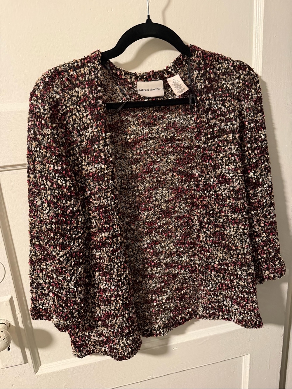Alfred Dunner Black Burgundy Gold Marled Open-Front Confetti Knit Sweater Sz L